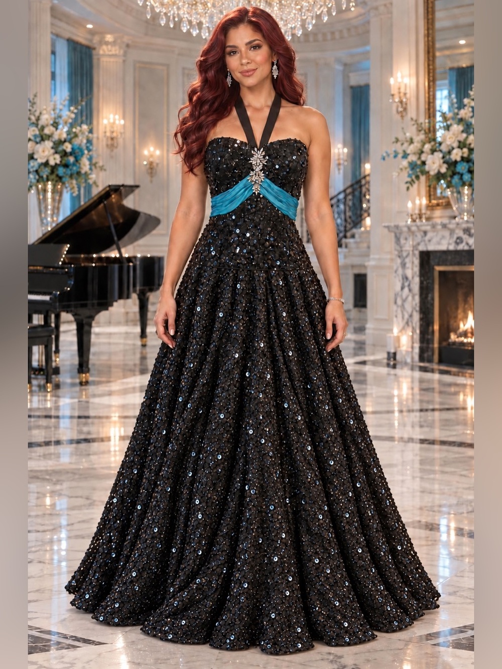 NWT Karishma 3060 Black Turquoise Sequin Halter Ball Gown Military Gala Size 14